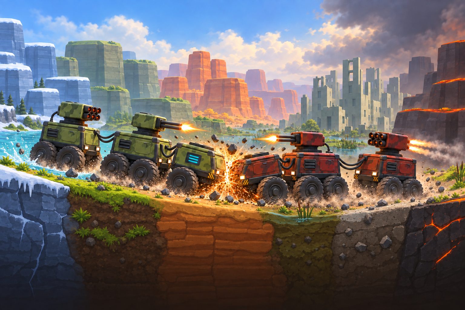 Two armoured battle trains collide head-on where five arena biomes meet