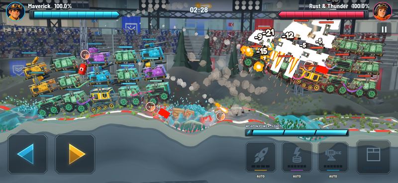 Two trains trading fire across the flooded track of Stormbreak Ruins