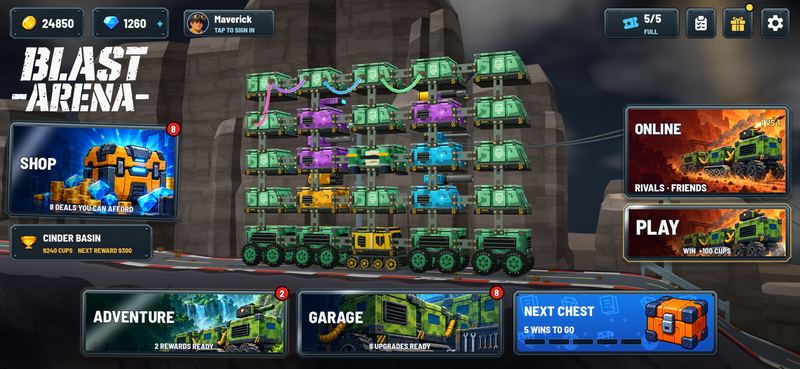Home screen with shop, adventure, garage and online play